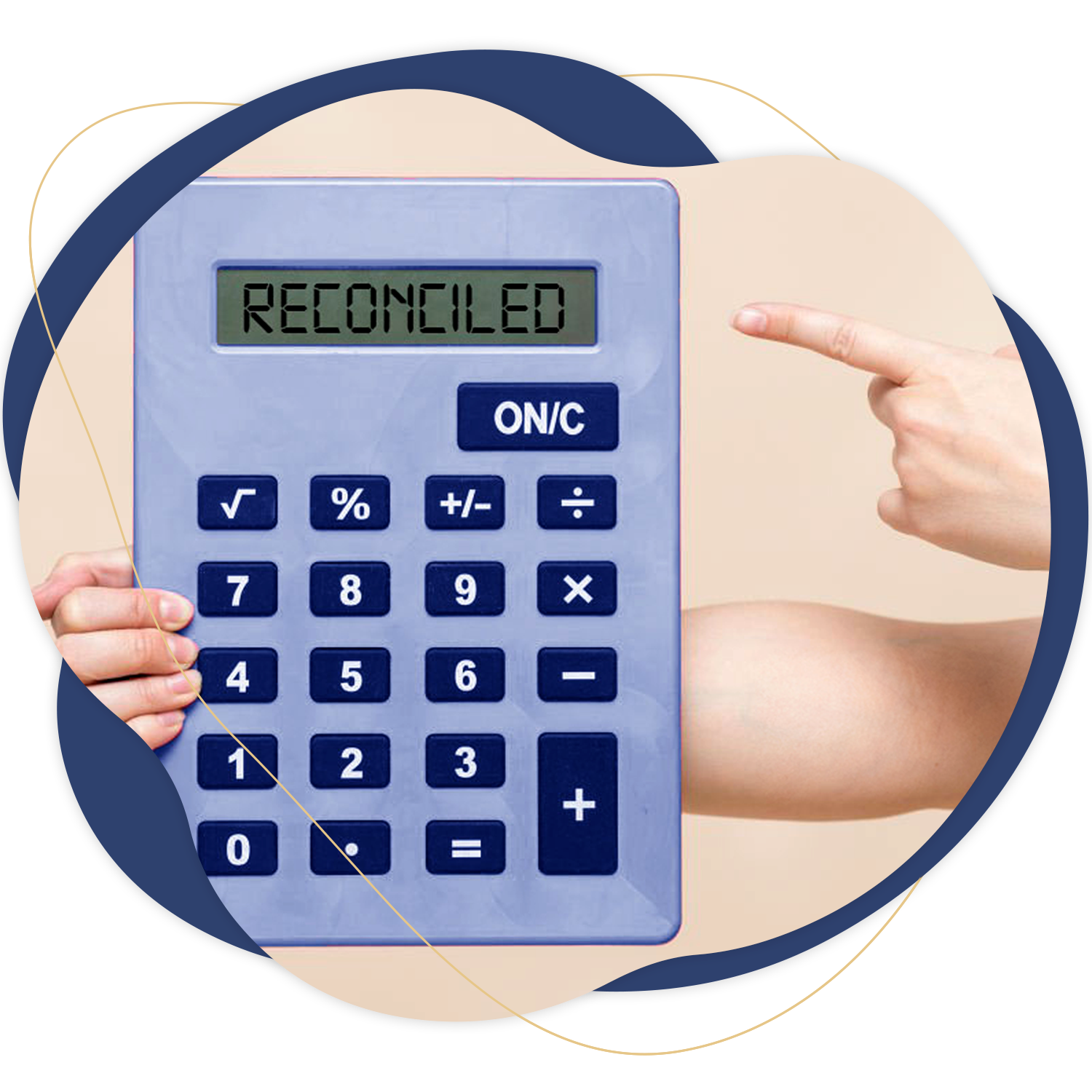 A hand holds a calculator displaying