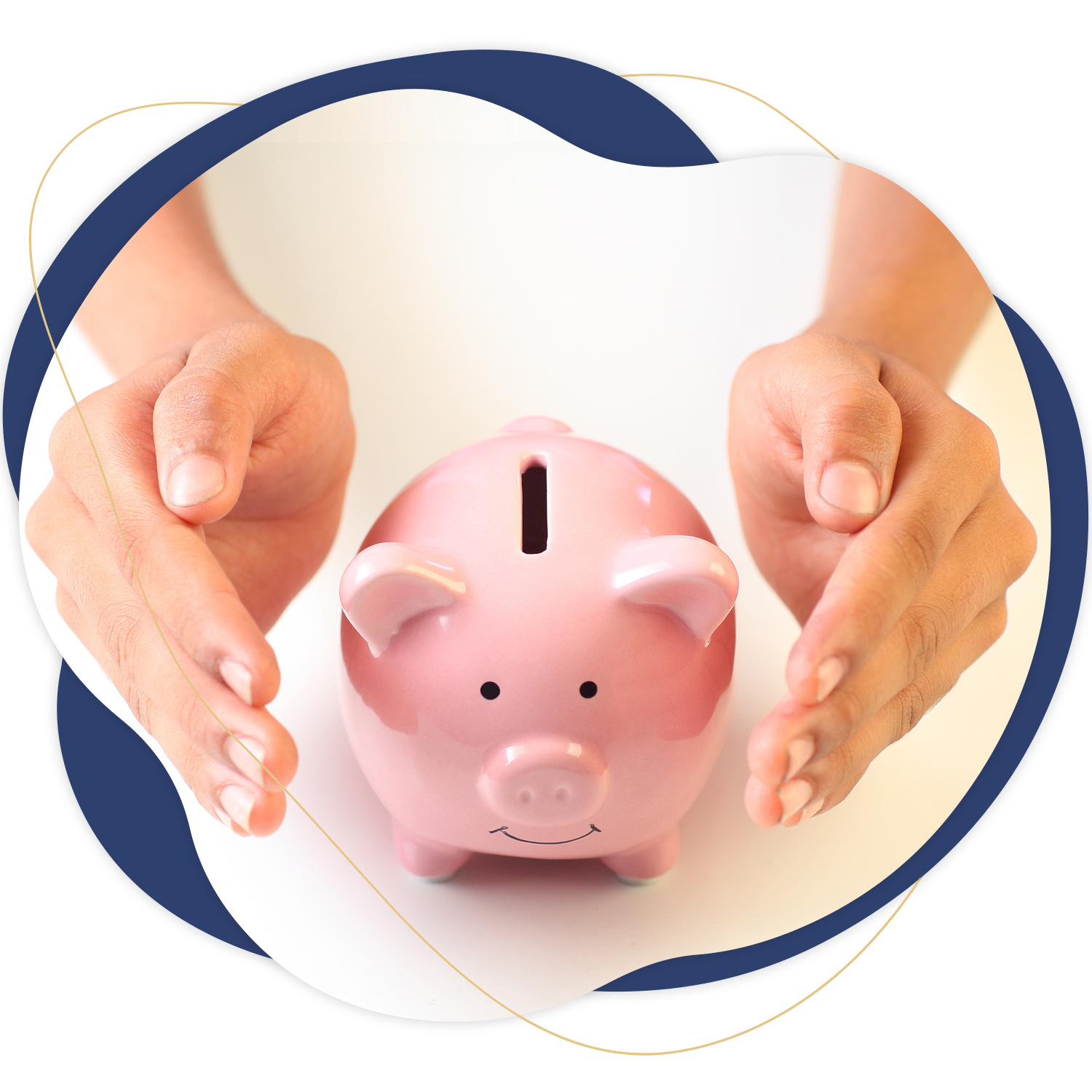 Hands cupped around a pink piggy bank.