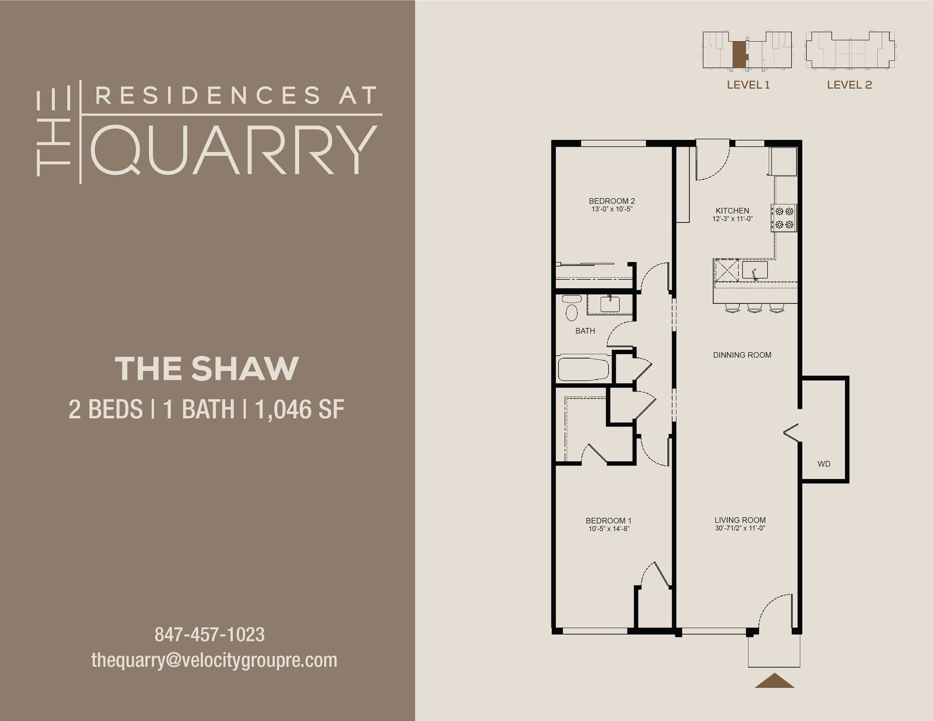 Floor plan for a 2-bedroom, 1-bath apartment titled