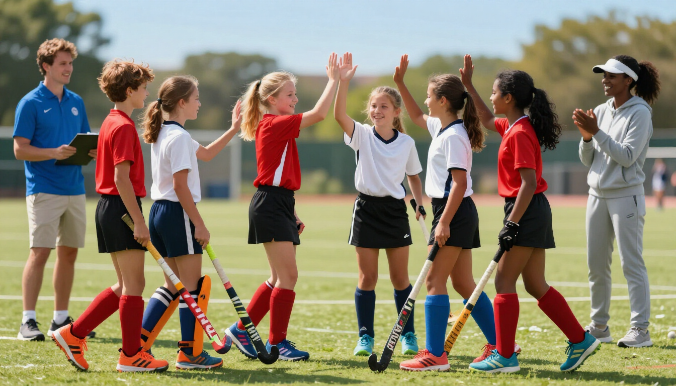 Youth field hockey training session