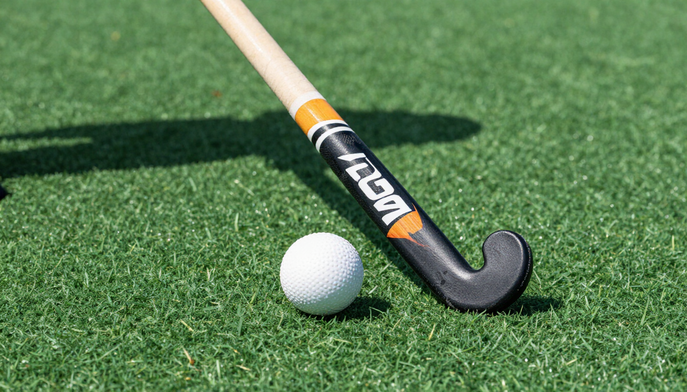 Field hockey equipment on turf