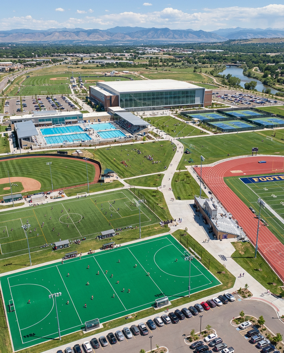 Aerial view of a sports complex with green fields, running track, pools, and a large stadium.