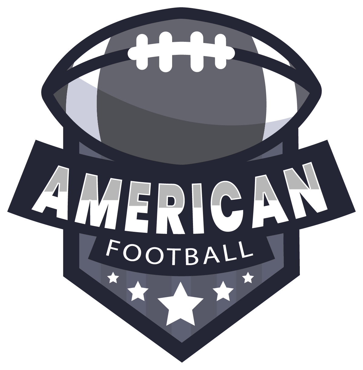 American football logo with dark gray shield, football, and stars