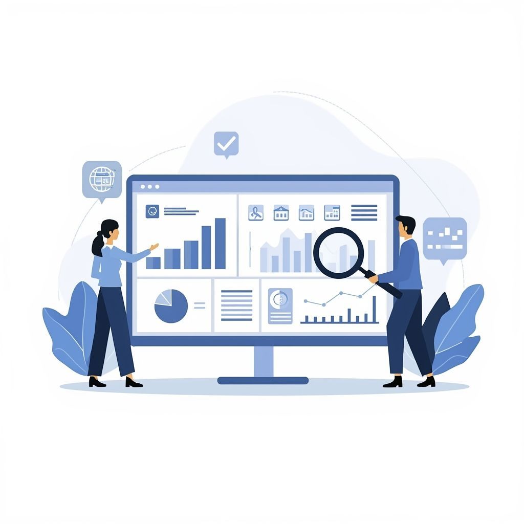 Business professionals analyzing competitor data and performance metrics on a digital dashboard for competitive analysis