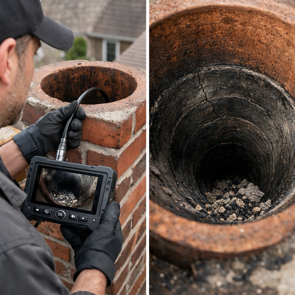 A professional inspecting a chimney interior with a digital camera device, showing a split view of the process and flue.