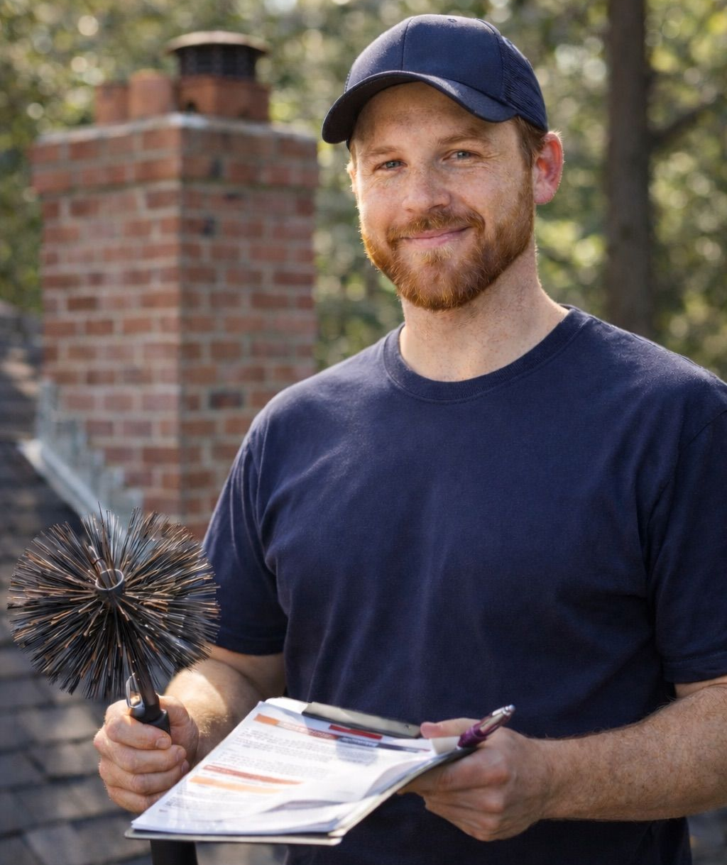 A chimney sweep in a blue shirt and cap stands on a roof, holding a cleaning brush and a clipboard with a smile.