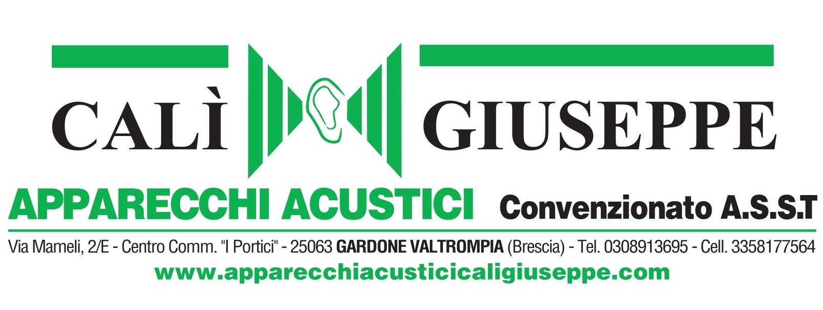 Logo per gli apparecchi acustici Calì Giuseppe, con l'icona di un orecchio e le informazioni di contatto, con sede a Gardone Val Trompia.