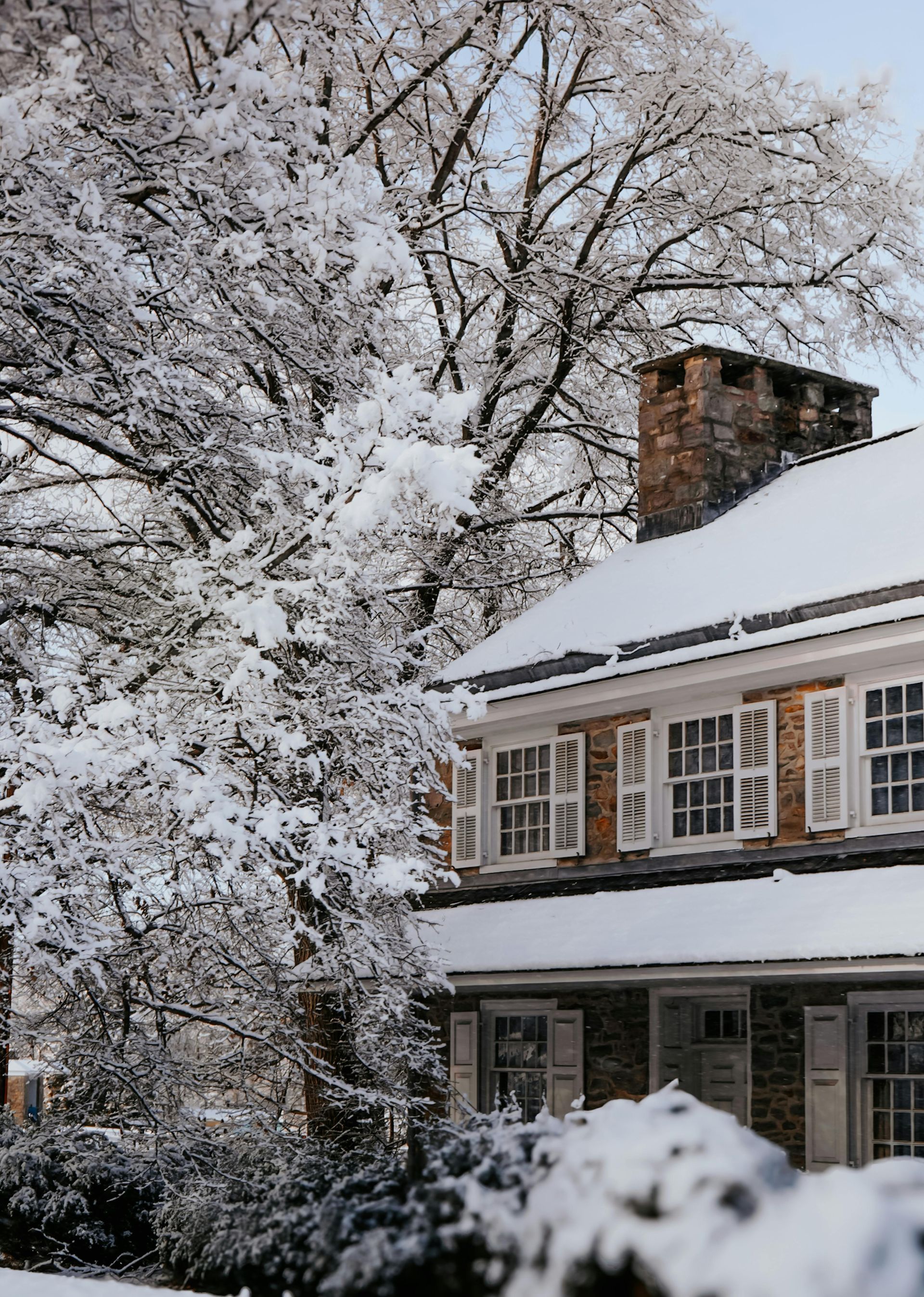 Snow-covered house with brick chimney, white shutters, and a large snow-laden tree.