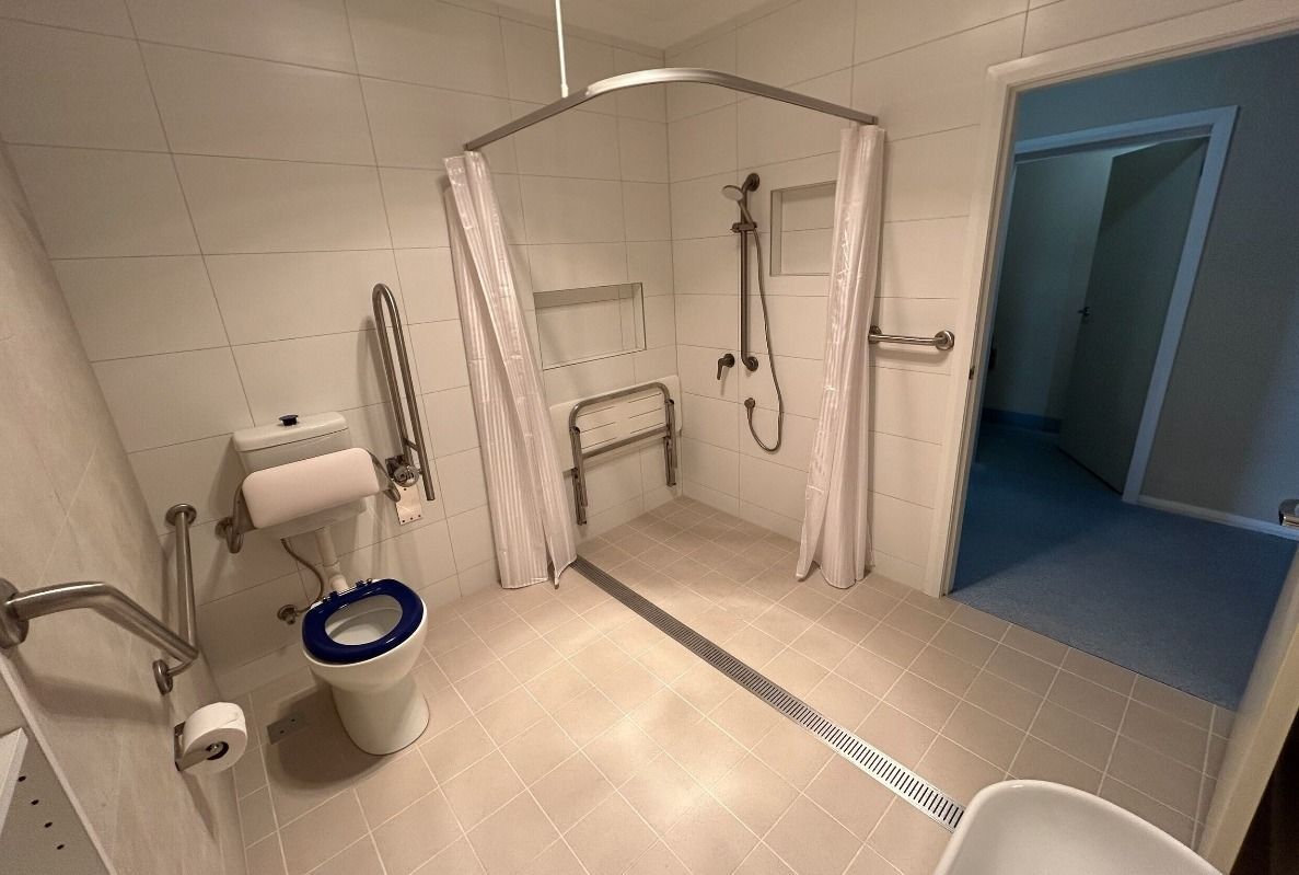 Accessible Bathroom with Shower, Toilet, and Handrails — Chandolin Construction in Bathurst, NSW