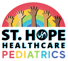 Logo for St. Hope Healthcare Pediatrics with colorful rainbow, raised hands, and stylized hands forming the letter