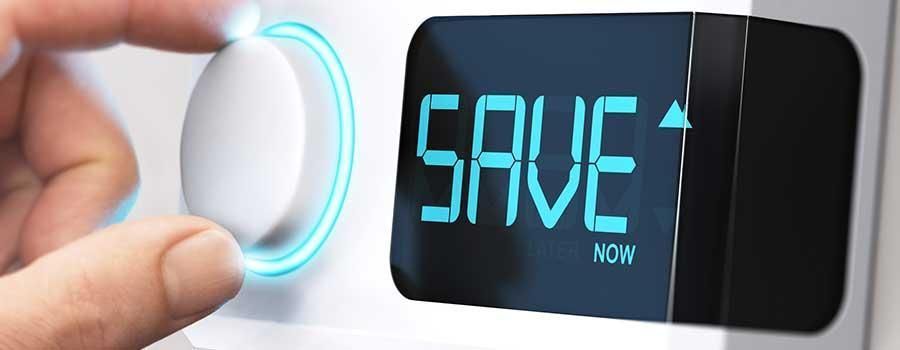 A person is pressing a button that says save now