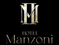 Logotipo do Hotel Manzoni em preto e dourado com monograma "M" estilizado sobre fundo preto.