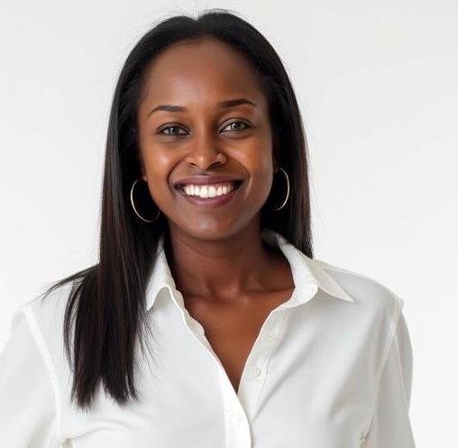 A woman wearing hoop earrings and a white shirt smiles for the camera