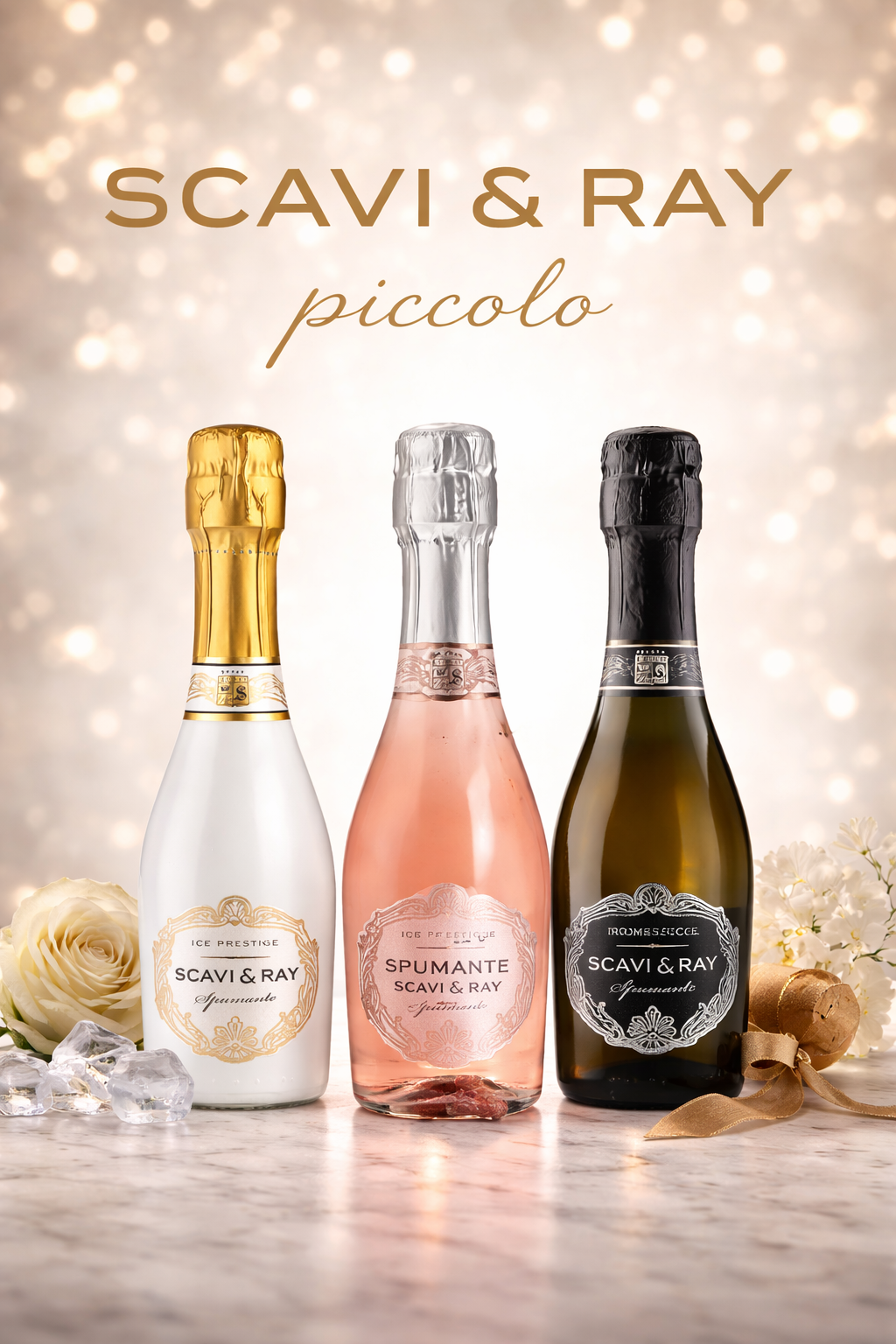 Een champagnefles met twee glazen waarin diamanten ringen liggen. Rozen, kaarsen en een geschenkdoos in een romantische setting.