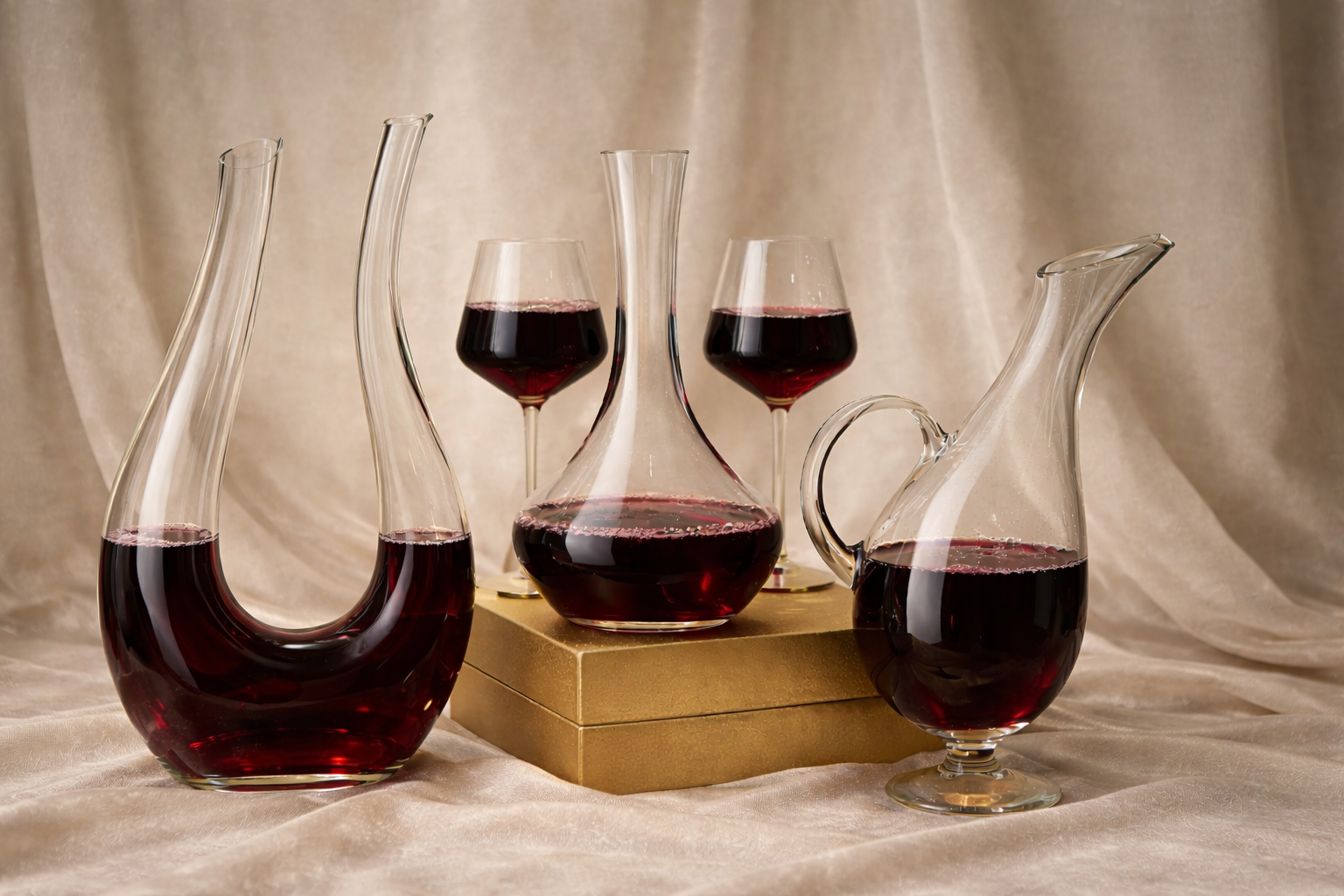 Wijnfles, glazen en karaf in een gouden doos met een sieradendoosje, tegen een gouden achtergrond.