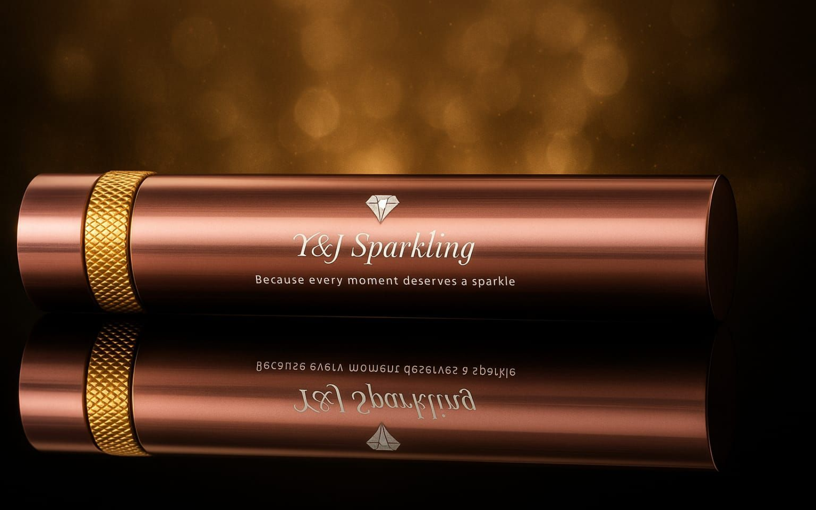 Cilindrische koperkleurige fles met gouden rand en spiegelende afwerking; 