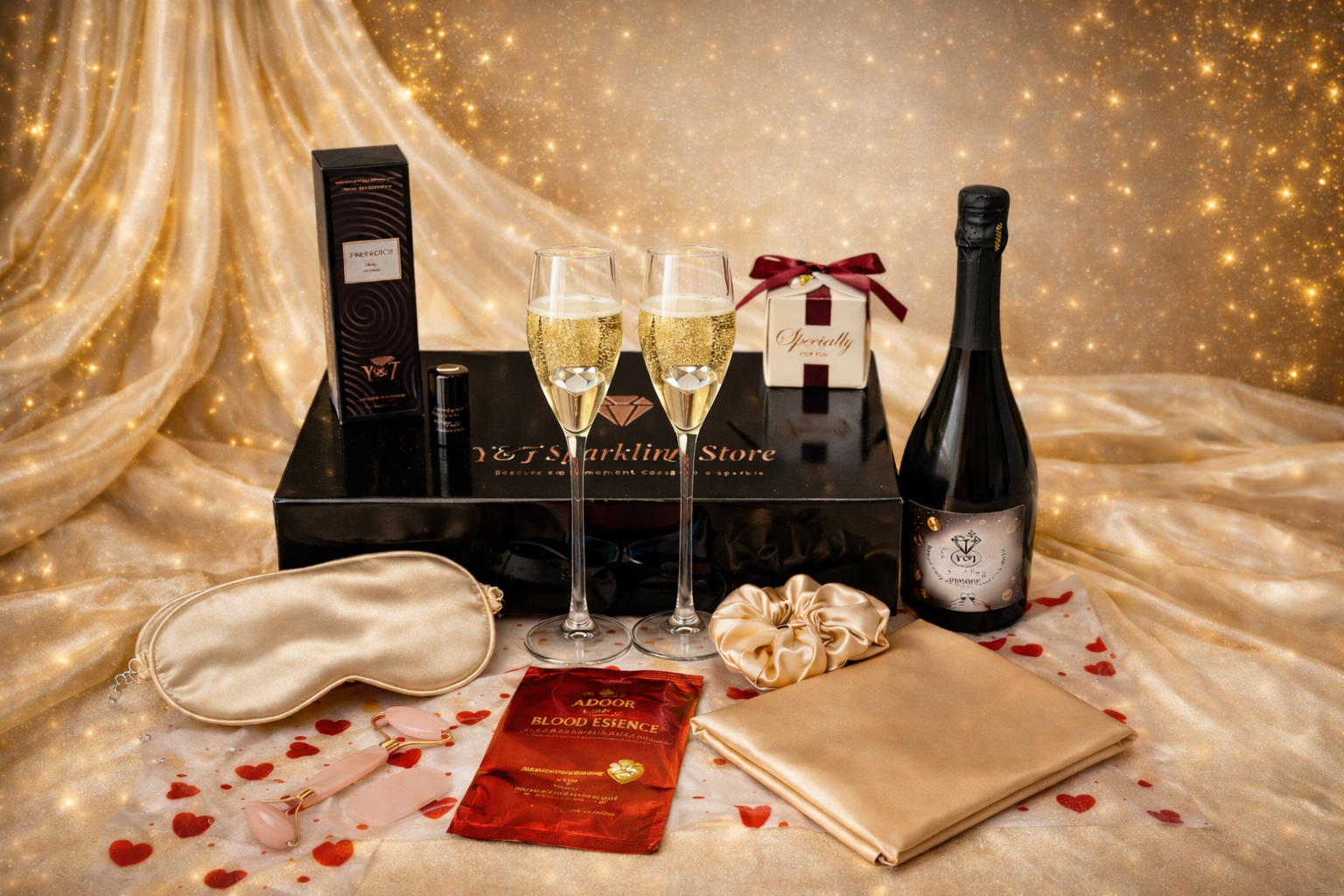 Cadeauverpakking met champagne, glazen en beautyproducten, in een gouden en romantische stijl.