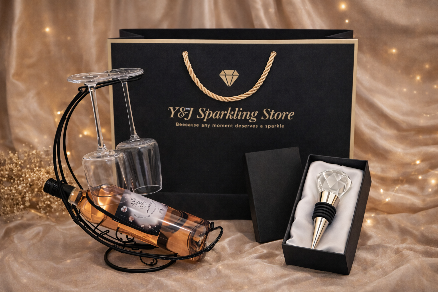 Een geschenkmand met wijn, chocolaatjes, glazen en een leren notitieboekje op een houten tafel.