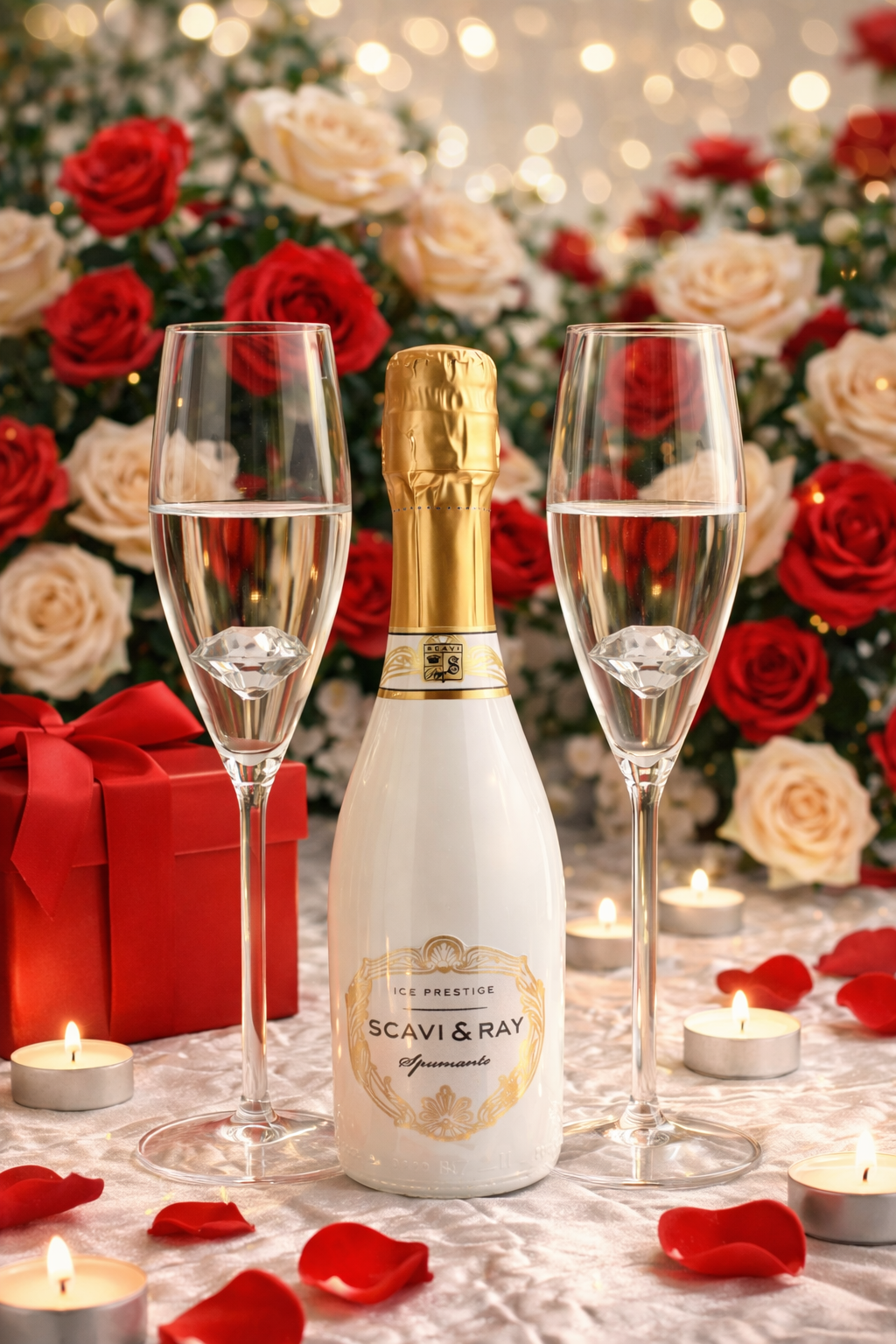 Een champagnefles met twee glazen waarin diamanten ringen liggen. Rozen, kaarsen en een geschenkdoos in een romantische setting.