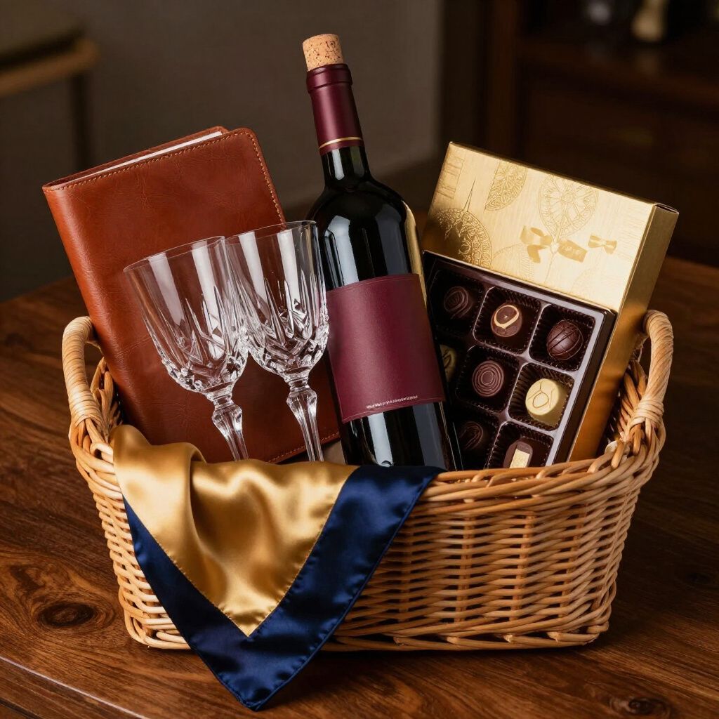 Een geschenkmand met wijn, chocolaatjes, glazen en een leren notitieboekje op een houten tafel.