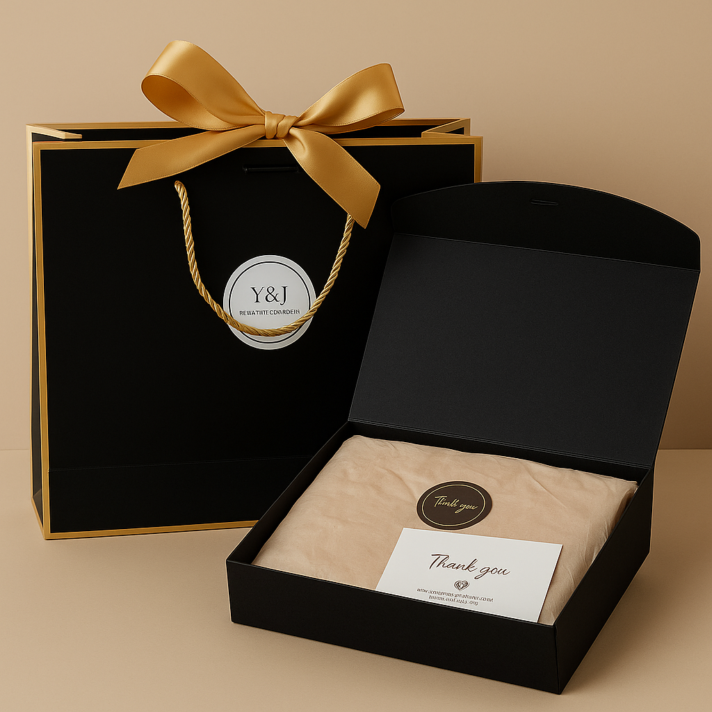 Zwarte geschenkdoos en -tas met gouden accenten, beige vloeipapier en een bedankkaartje.