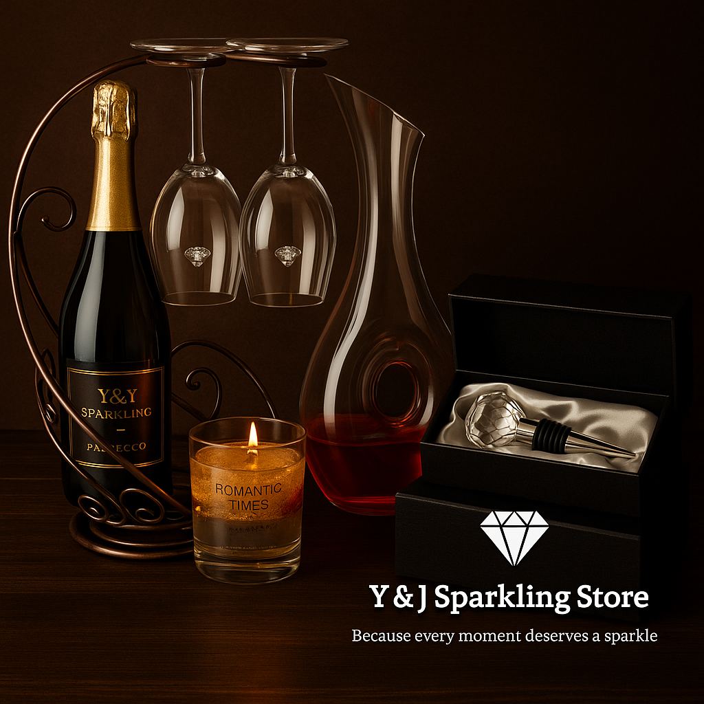 Wijnpresentatie met fles, glazen, karaf, kaars, kurk en standaard op een donkere achtergrond.