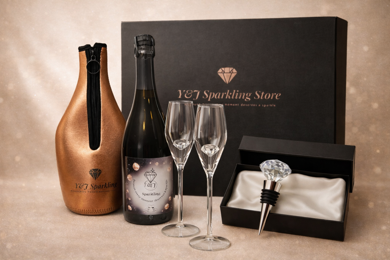 Een champagnegeschenkset met een fles, glazen, kurk en koeler, gepresenteerd op een reflecterende ondergrond.