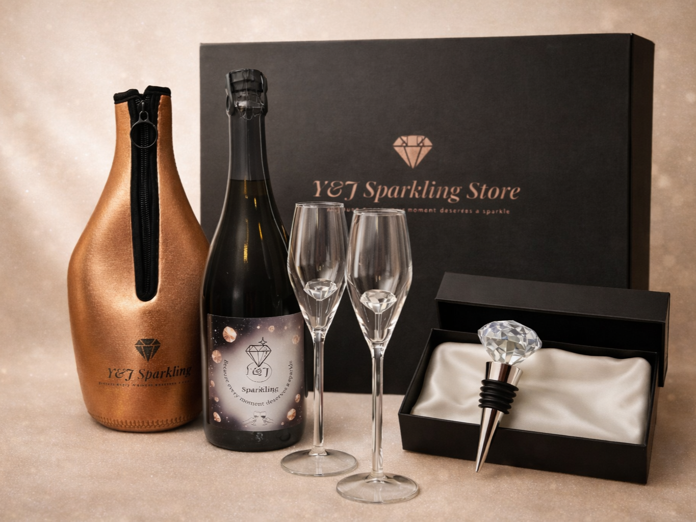 Cadeauset mousserende wijn: fles, champagneglazen, kurk, isolerende hoes en geschenkdoos.