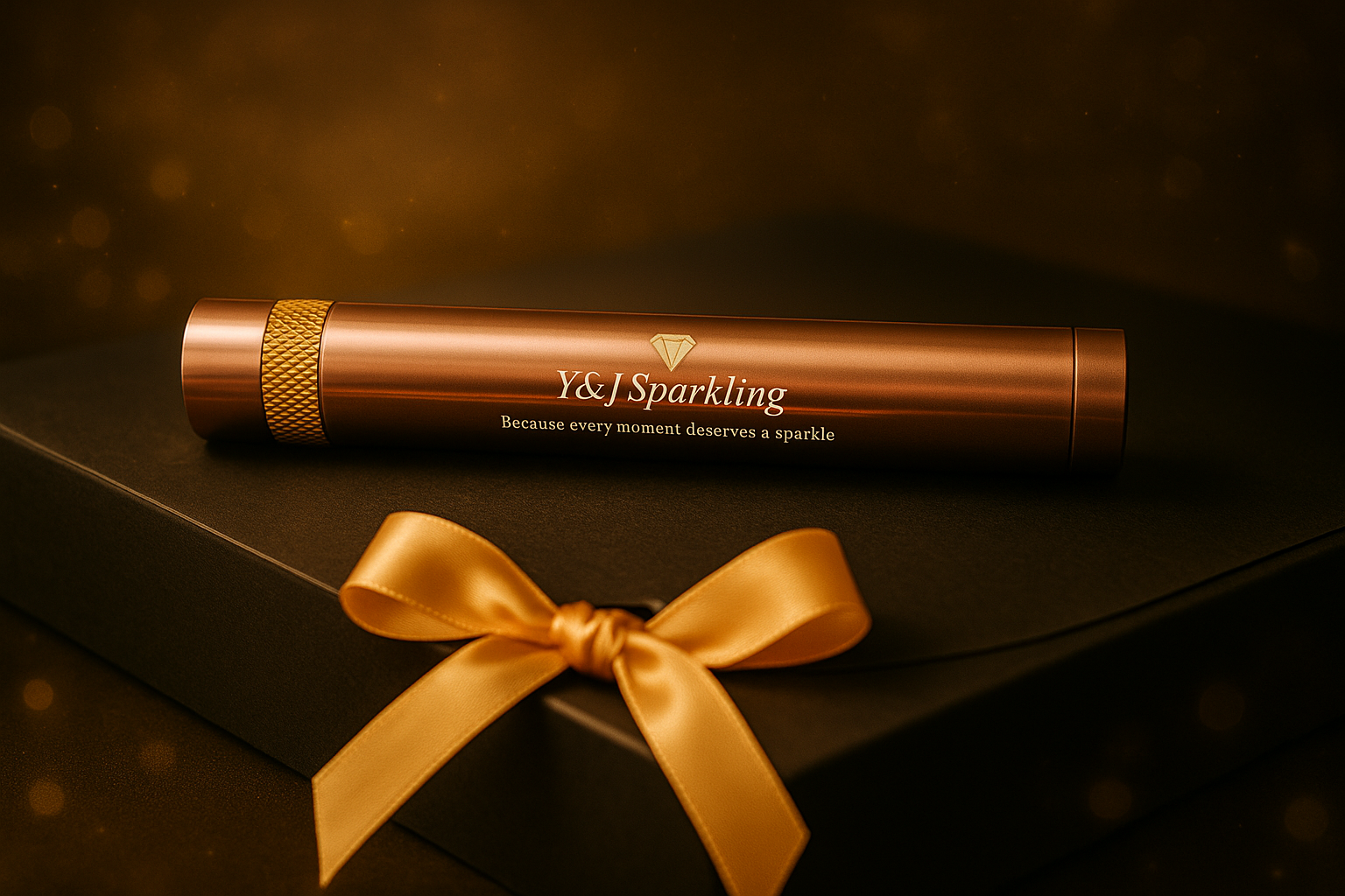 Cilindrische koperkleurige fles met gouden rand en spiegelende afwerking;