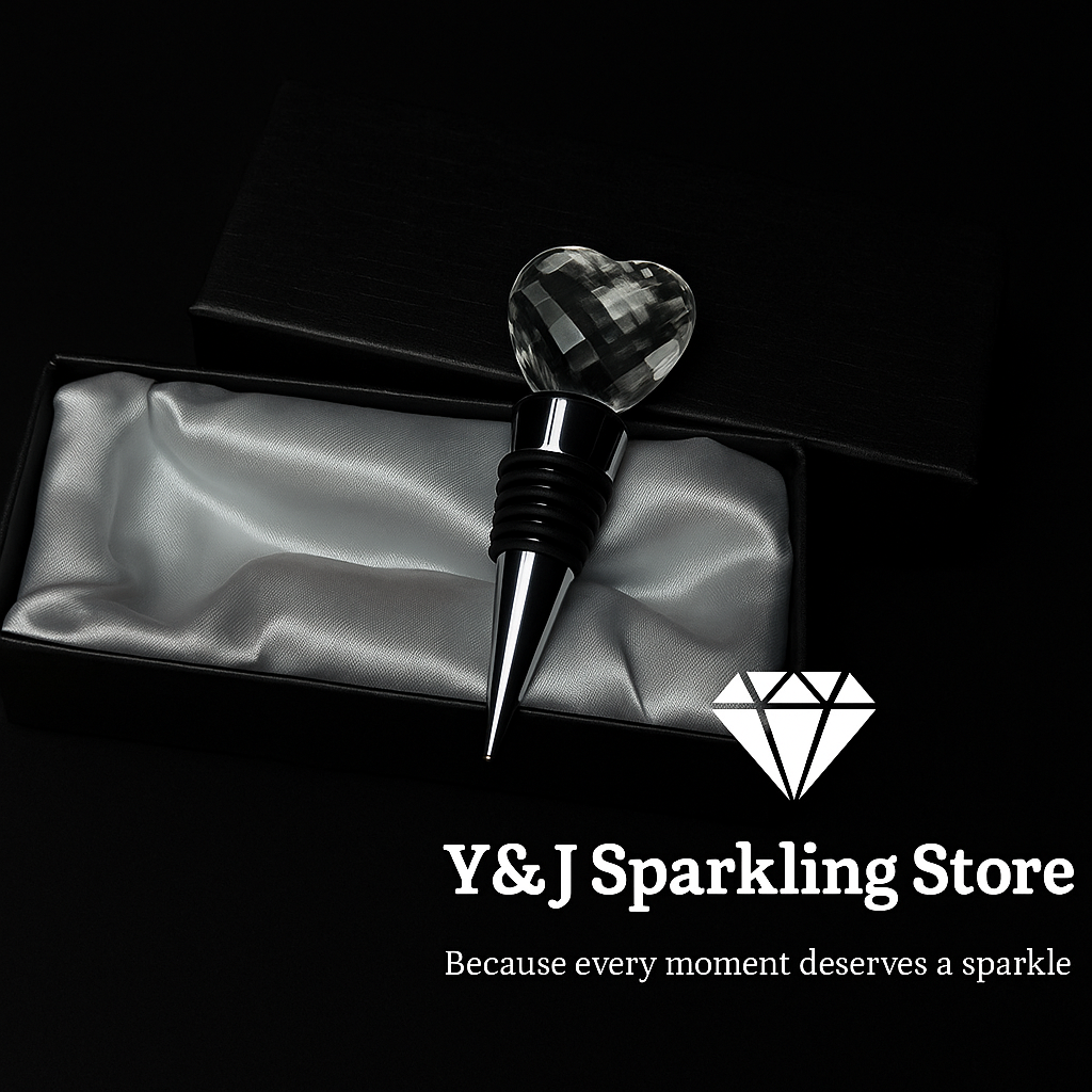 Hartvormige kristallen wijnstopper in een zwarte geschenkdoos met satijnen voering.