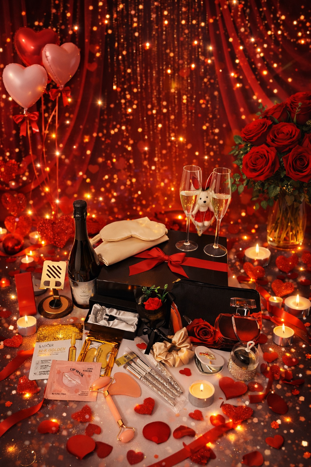 Romantische scène met rozen, champagne, cadeaus, ballonnen en kaarslicht; overwegend rode tinten.