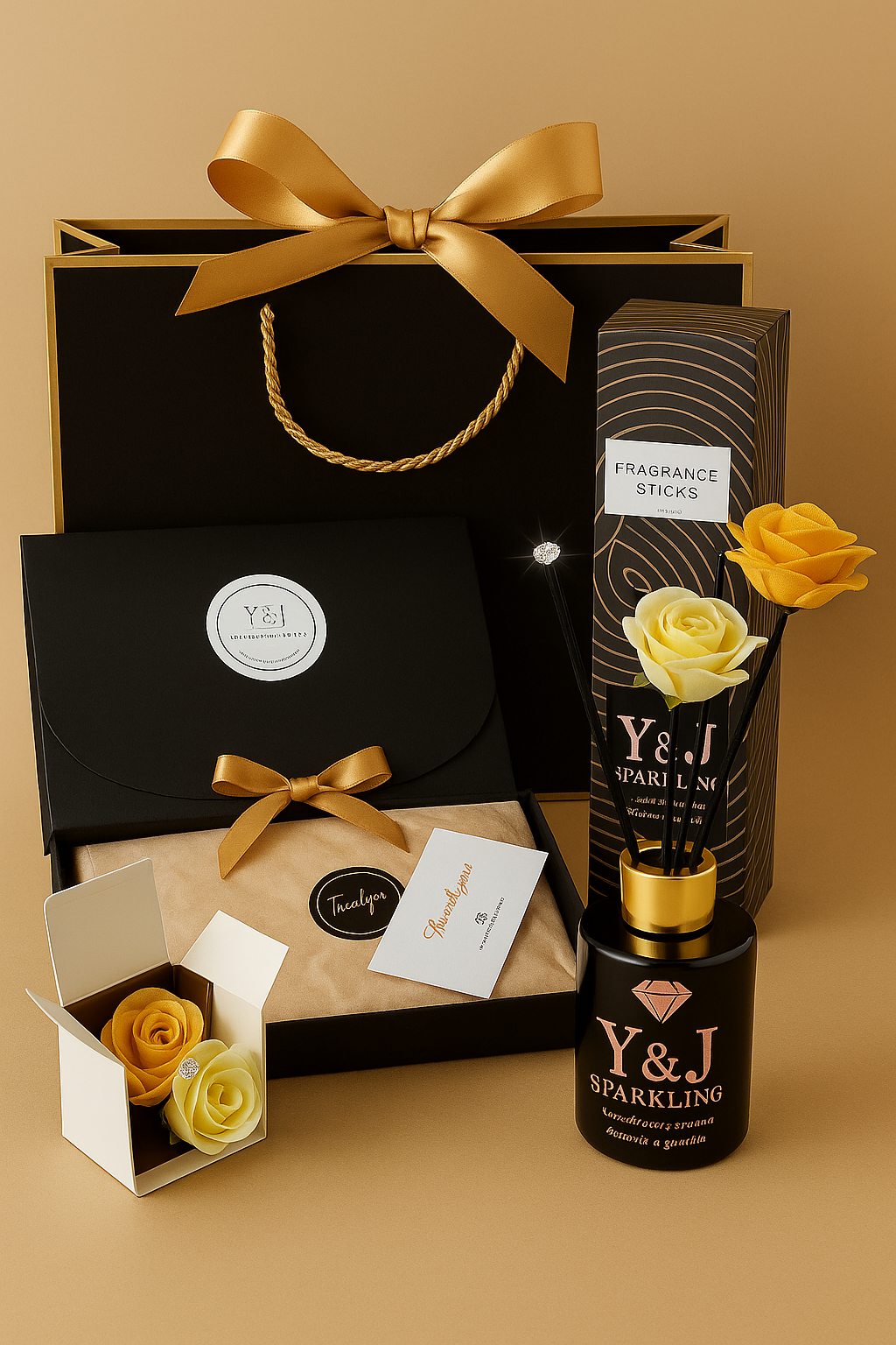 Cadeauset met zwarte doosjes, gouden lint en gele rozen.