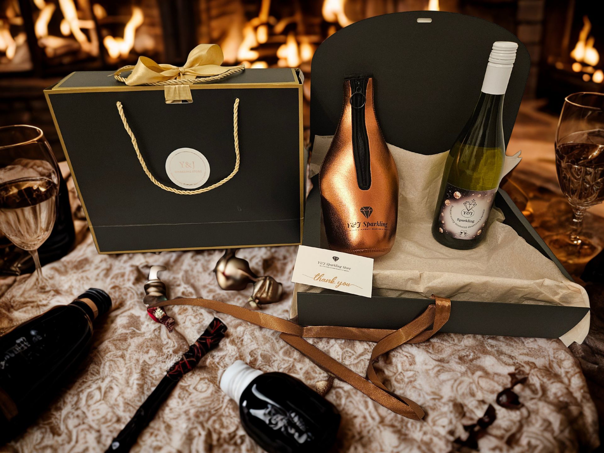 Cadeauset met wijnflessen, lint en een bedankkaartje in een zwarte doos met gouden accenten.