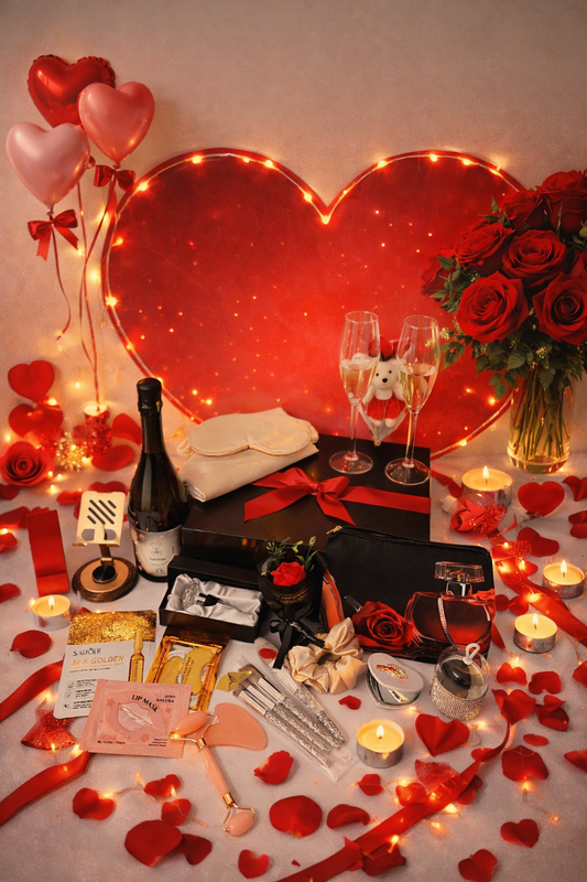 Romantische scène met rozen, champagne, cadeaus, ballonnen en kaarslicht; overwegend rode tinten.