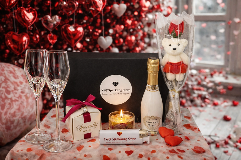 Valentijnsdag cadeauset: mousserende wijn, glazen, berenboeket, chocolade, kaars en hartvormige decoraties.