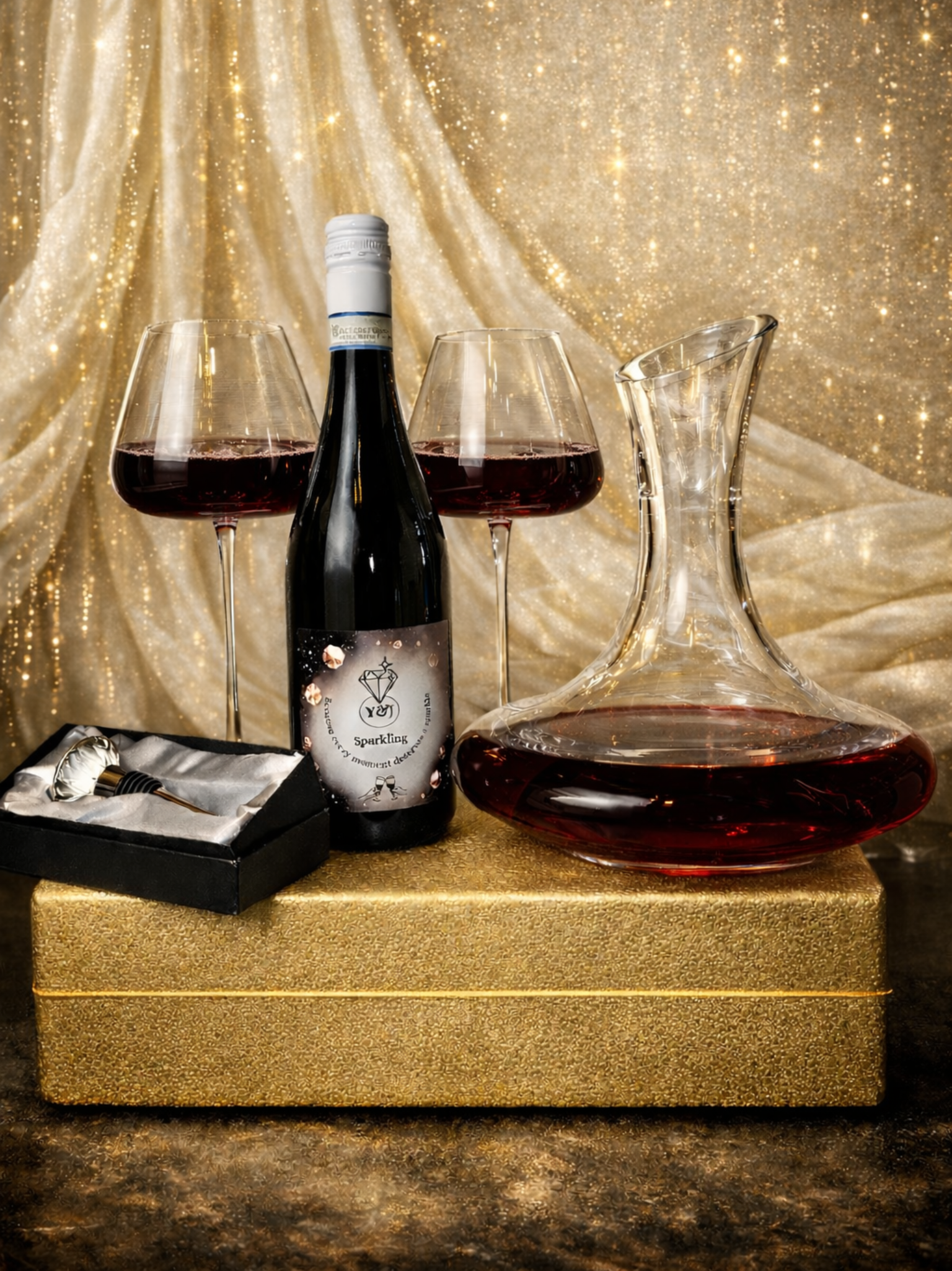 Wijnfles, glazen, karaf en sieradendoos op een gouden ondergrond tegen een met goud gedrapeerde achtergrond.