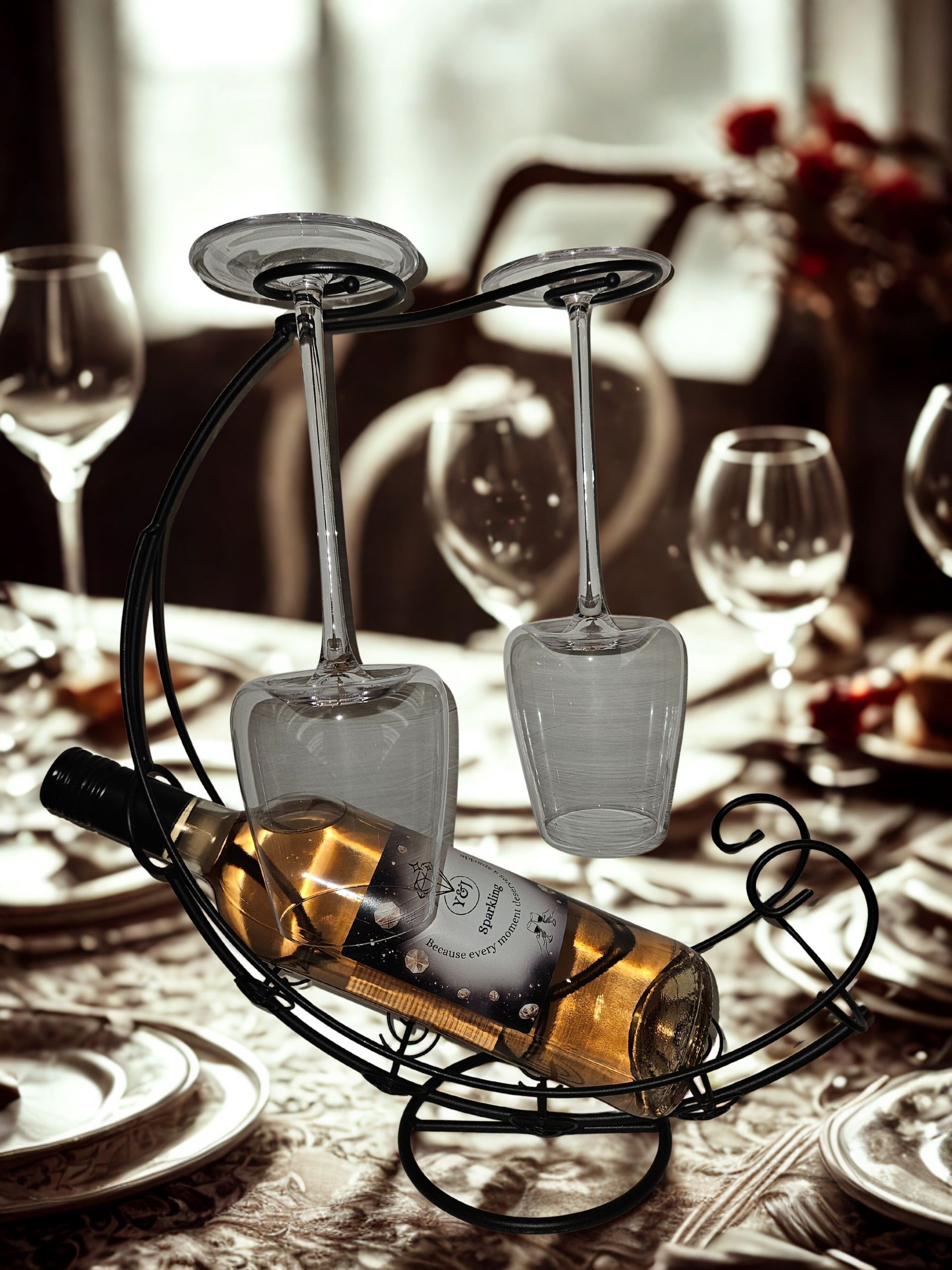 Een wijnfles en twee glazen in een decoratief metalen rekje op een eettafel met servies.