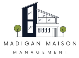 The logo for madigan maison management shows a house with trees in front of it.