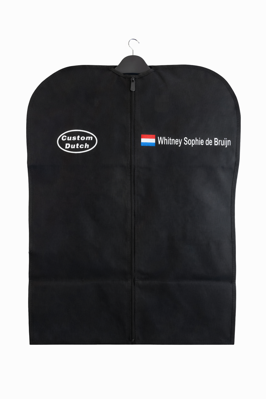 Zwarte kledingtas met Nederlandse vlag en de tekst
