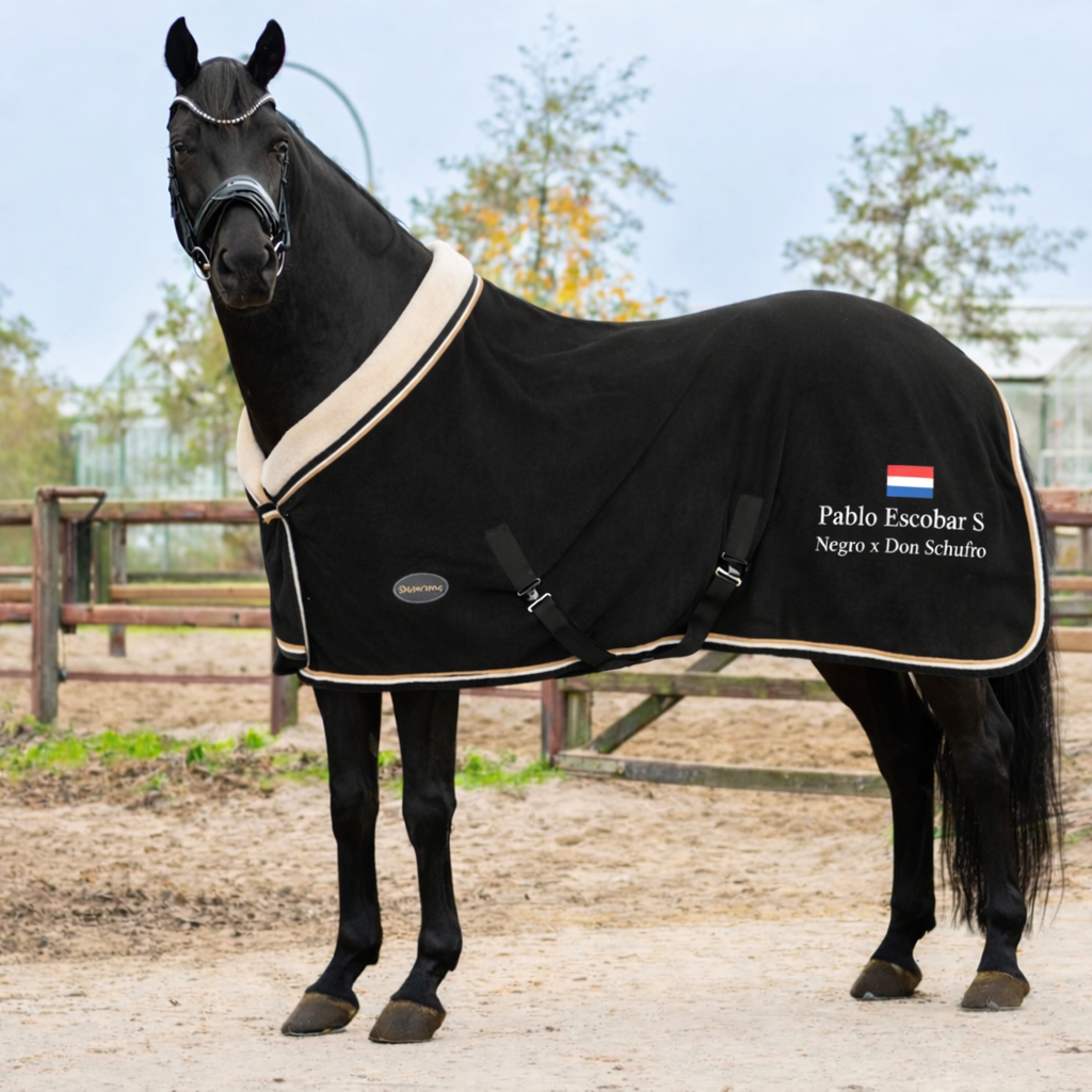 Zwart paard met een zwarte deken met beige bies en een Nederlands vlaglogo, staat in een weiland.