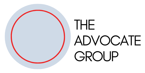 A logo for the advocate group with a red circle in the middle.