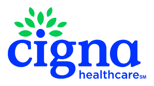 Cigna healthcare logo with blue text, a green tree graphic, and a blue sphere.