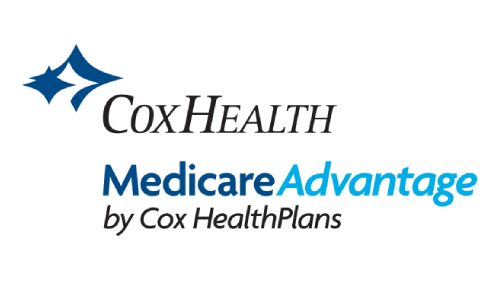 CoxHealth Medicare Advantage logo. Blue and black text with abstract blue emblem.