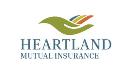 Heartland Mutual Insurance logo with a green hand and colorful layered wings.