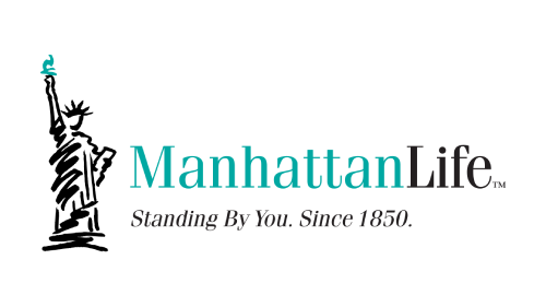 Logo for ManhattanLife: Statue of Liberty sketch next to turquoise text and tagline.