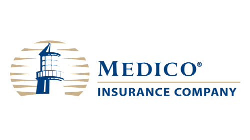 Logo of Medico Insurance Company, featuring a blue lighthouse on a cream and tan circular background.