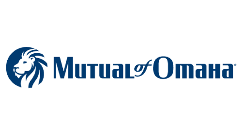Mutual of Omaha logo: Blue lion head inside a blue circle, beside the company name in blue.