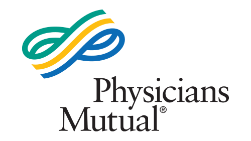 Physicians Mutual logo: abstract loop of green, yellow, and blue lines, next to company name.
