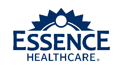 Essence Healthcare logo: Blue text, sunburst design with a white dot, 