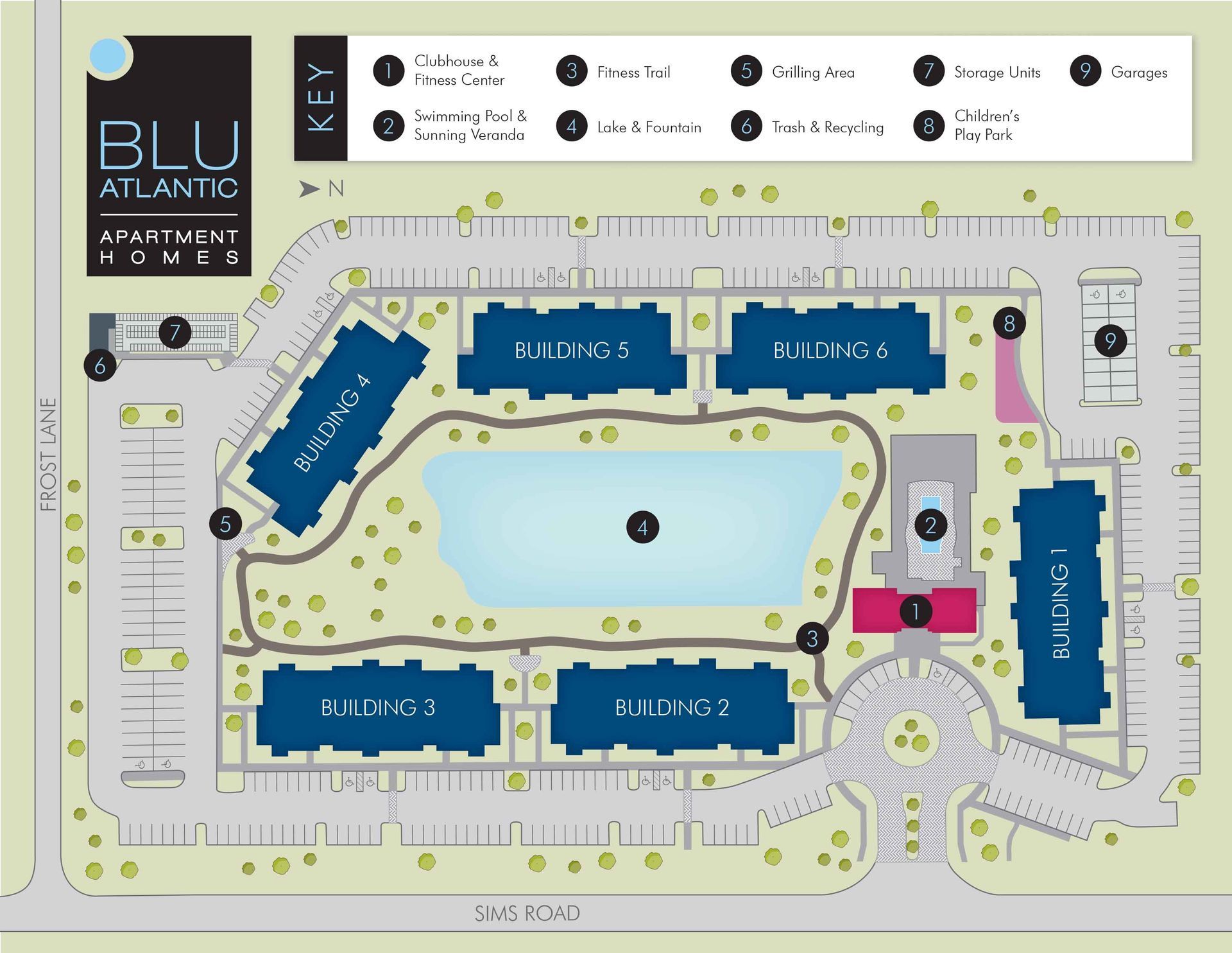 Atlantis resort site map with blue buildings around a central lagoon and parking areas